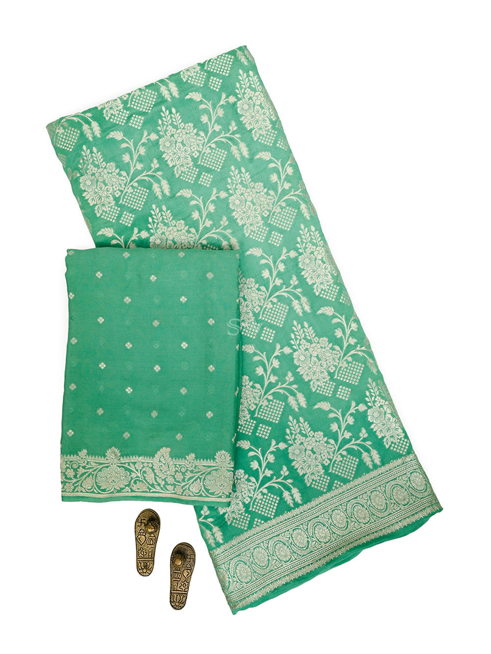 Sea Green Jaal Crepe Silk Handloom Banarasi Suit - Sacred Weaves
