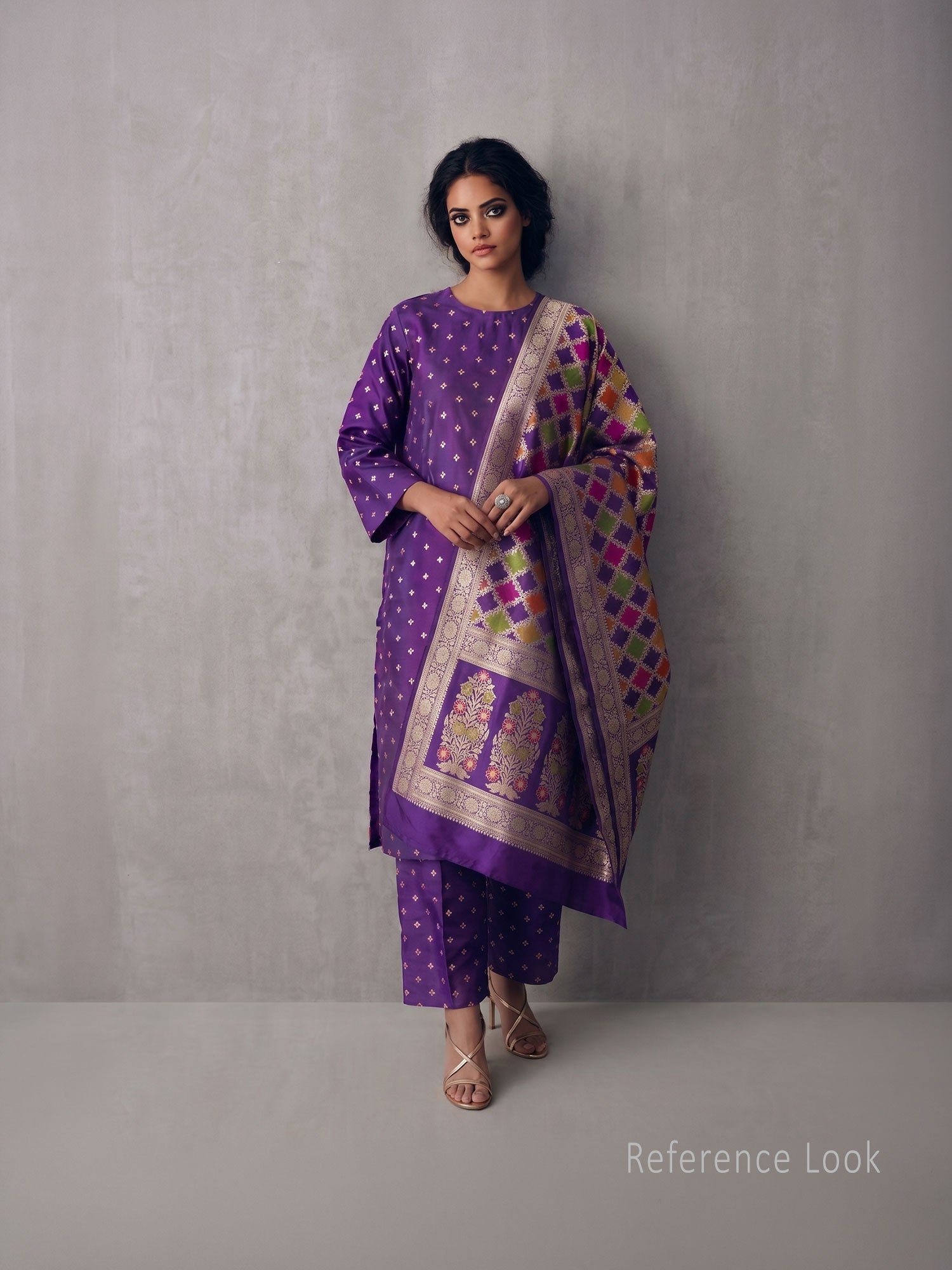 Dark Purple Meenakari Booti Katan Silk Handloom Banarasi Suit - Sacred Weaves