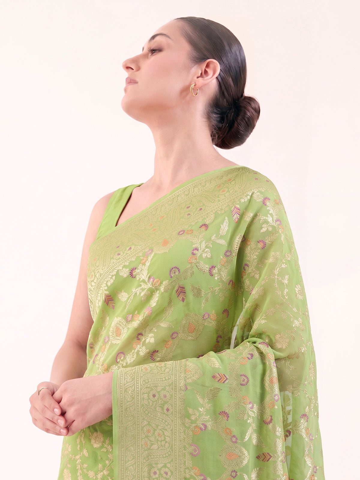 Pista Green Meenakari Jaal Khaddi Georgette Handloom Banarasi Saree - Sacred Weaves