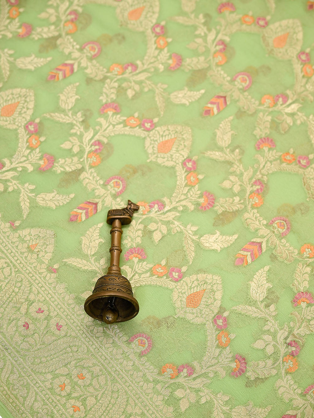 Pista Green Meenakari Jaal Khaddi Georgette Handloom Banarasi Saree - Sacred Weaves