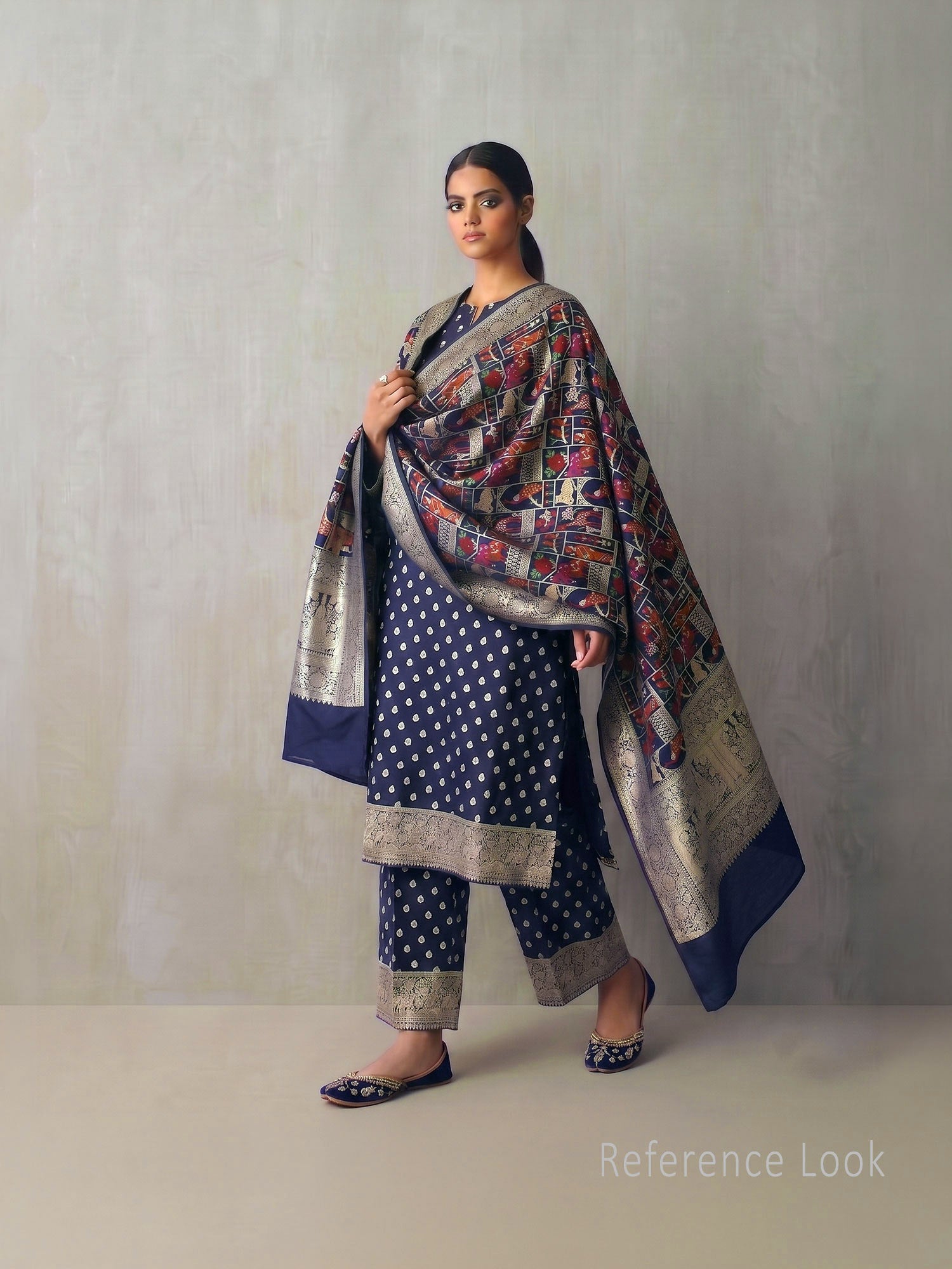 Navy Blue Meenakari Booti Katan Silk Handloom Banarasi Suit - Sacred Weaves