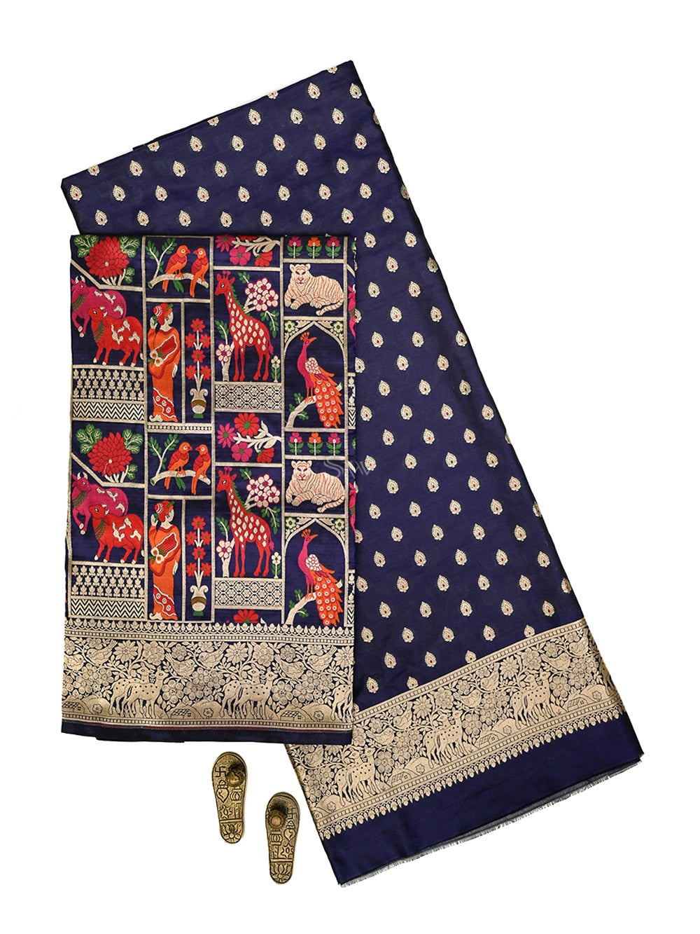 Navy Blue Meenakari Booti Katan Silk Handloom Banarasi Suit - Sacred Weaves