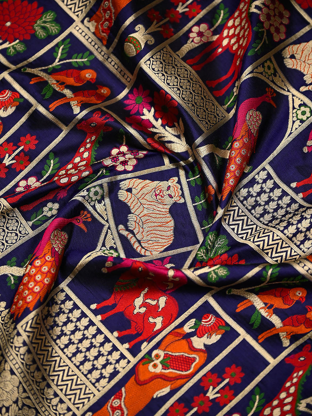 Navy Blue Meenakari Booti Katan Silk Handloom Banarasi Suit - Sacred Weaves