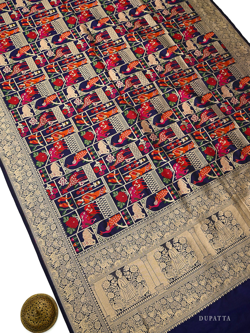 Navy Blue Meenakari Booti Katan Silk Handloom Banarasi Suit - Sacred Weaves