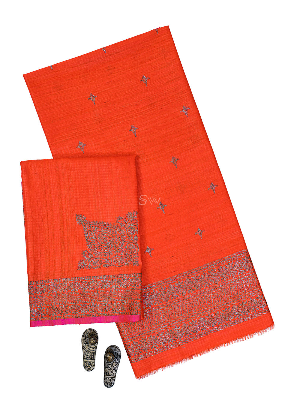 Dark Orange Booti Dupion Silk Handloom Banarasi Suit - Sacred Weaves