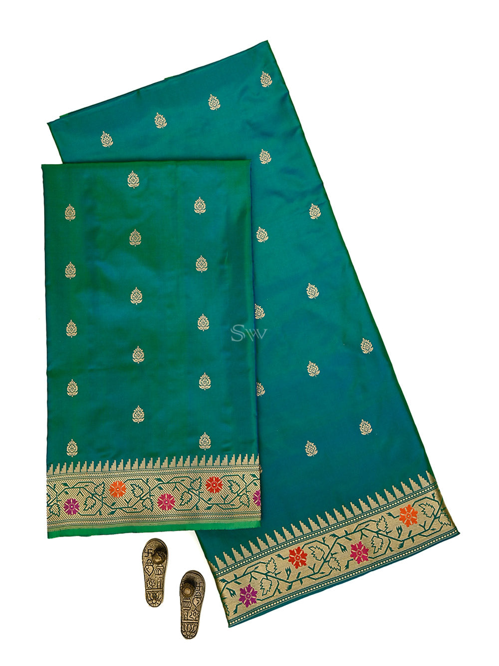 Green Blue Booti Katan Silk Handloom Banarasi Suit - Sacred Weaves