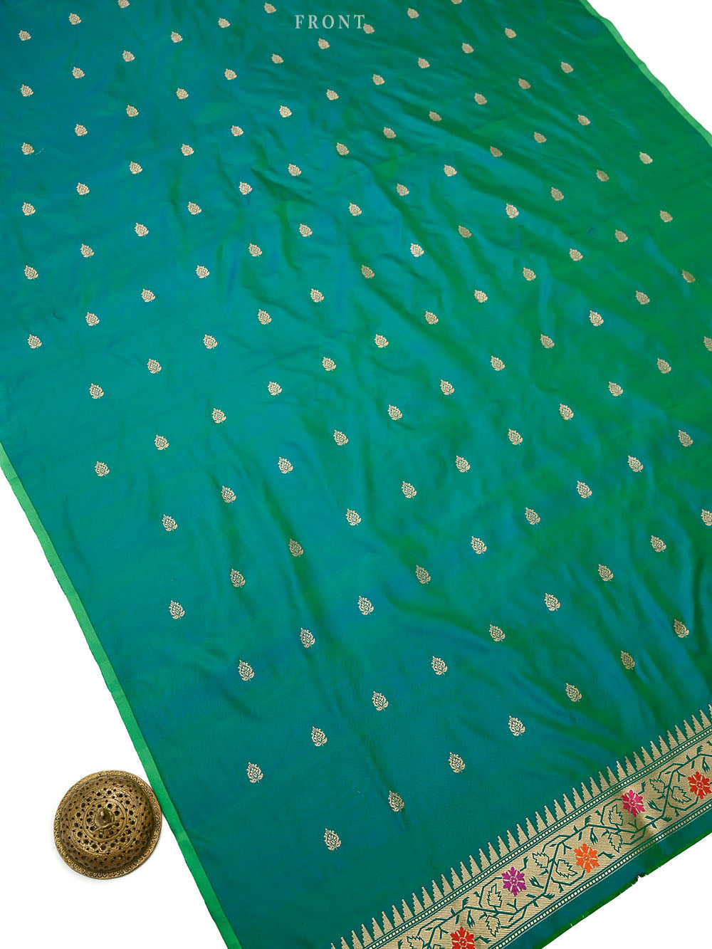 Green Blue Booti Katan Silk Handloom Banarasi Suit - Sacred Weaves