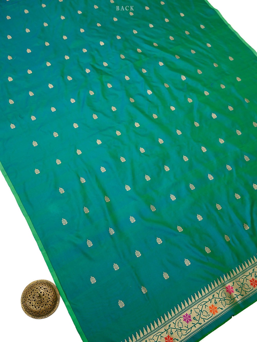 Green Blue Booti Katan Silk Handloom Banarasi Suit - Sacred Weaves