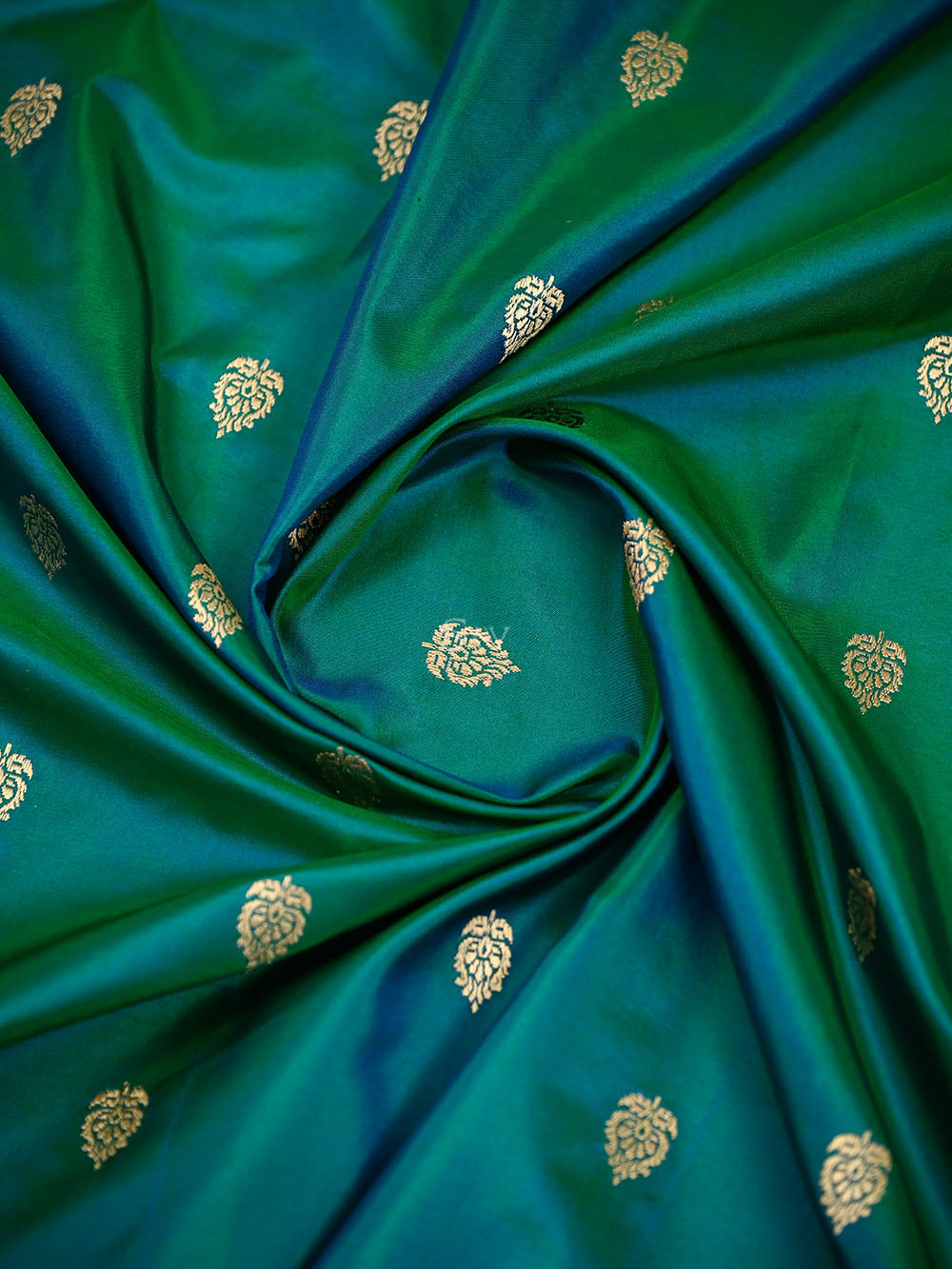 Green Blue Booti Katan Silk Handloom Banarasi Suit - Sacred Weaves