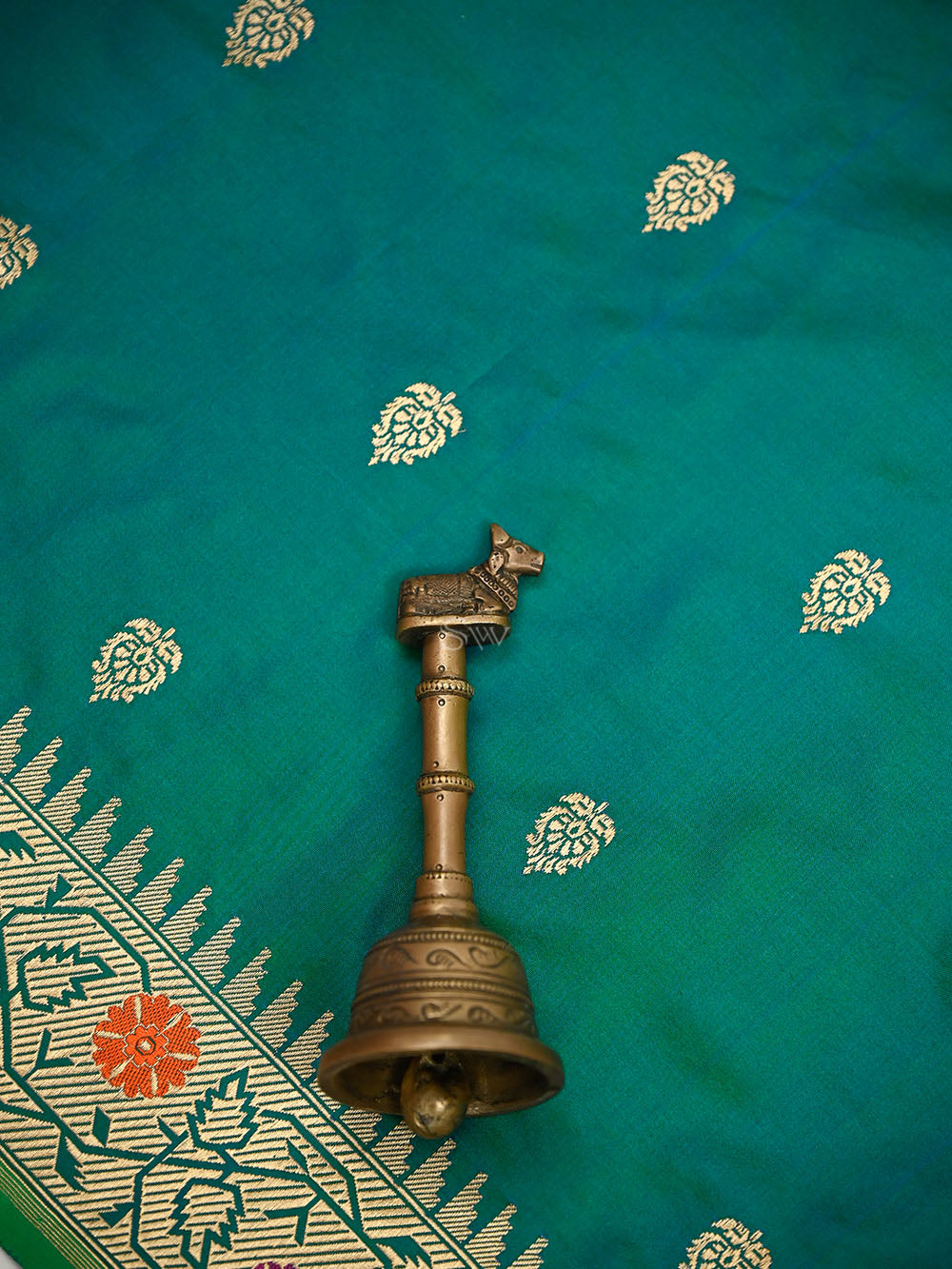 Green Blue Booti Katan Silk Handloom Banarasi Suit - Sacred Weaves