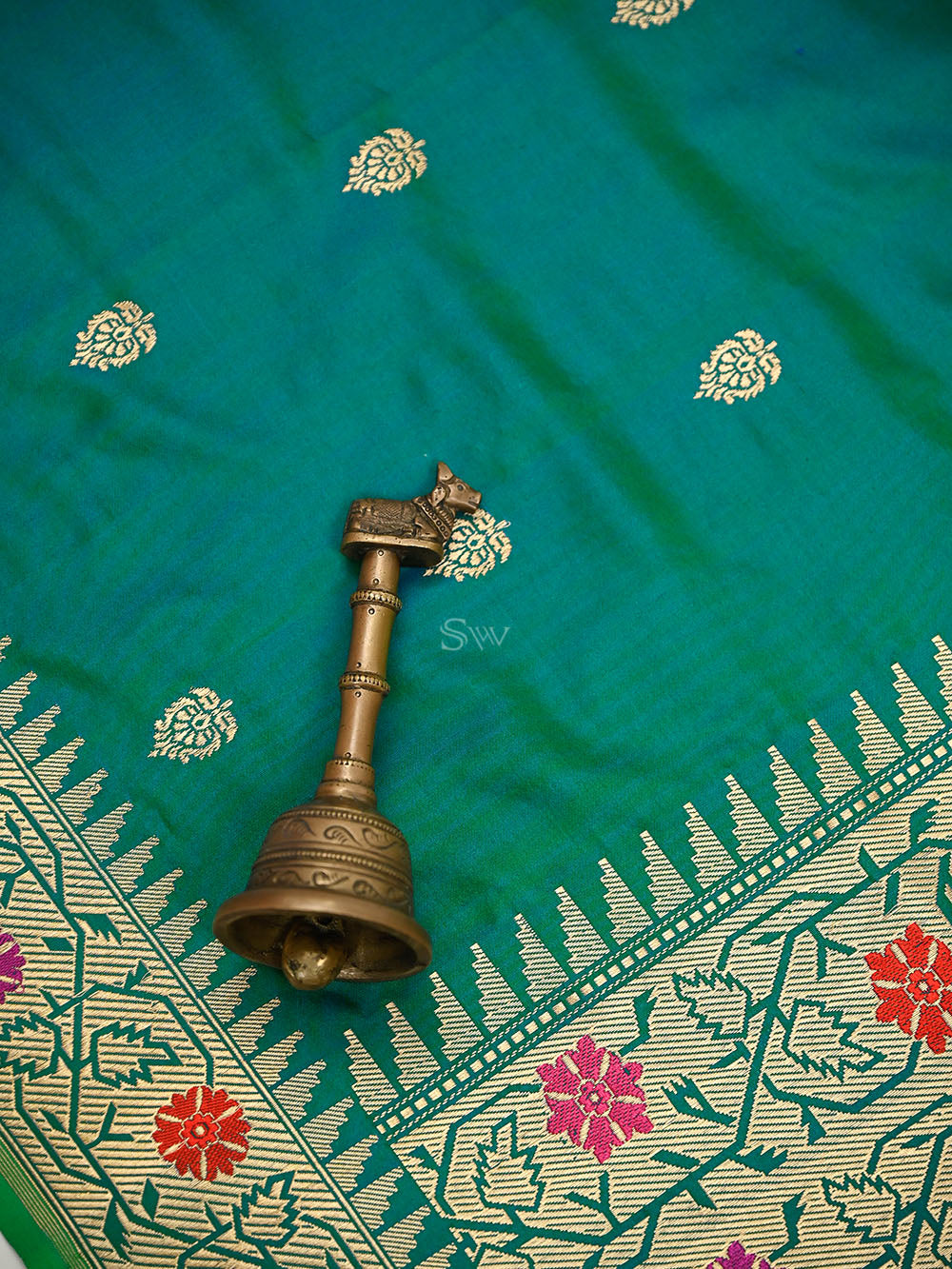Green Blue Booti Katan Silk Handloom Banarasi Suit - Sacred Weaves
