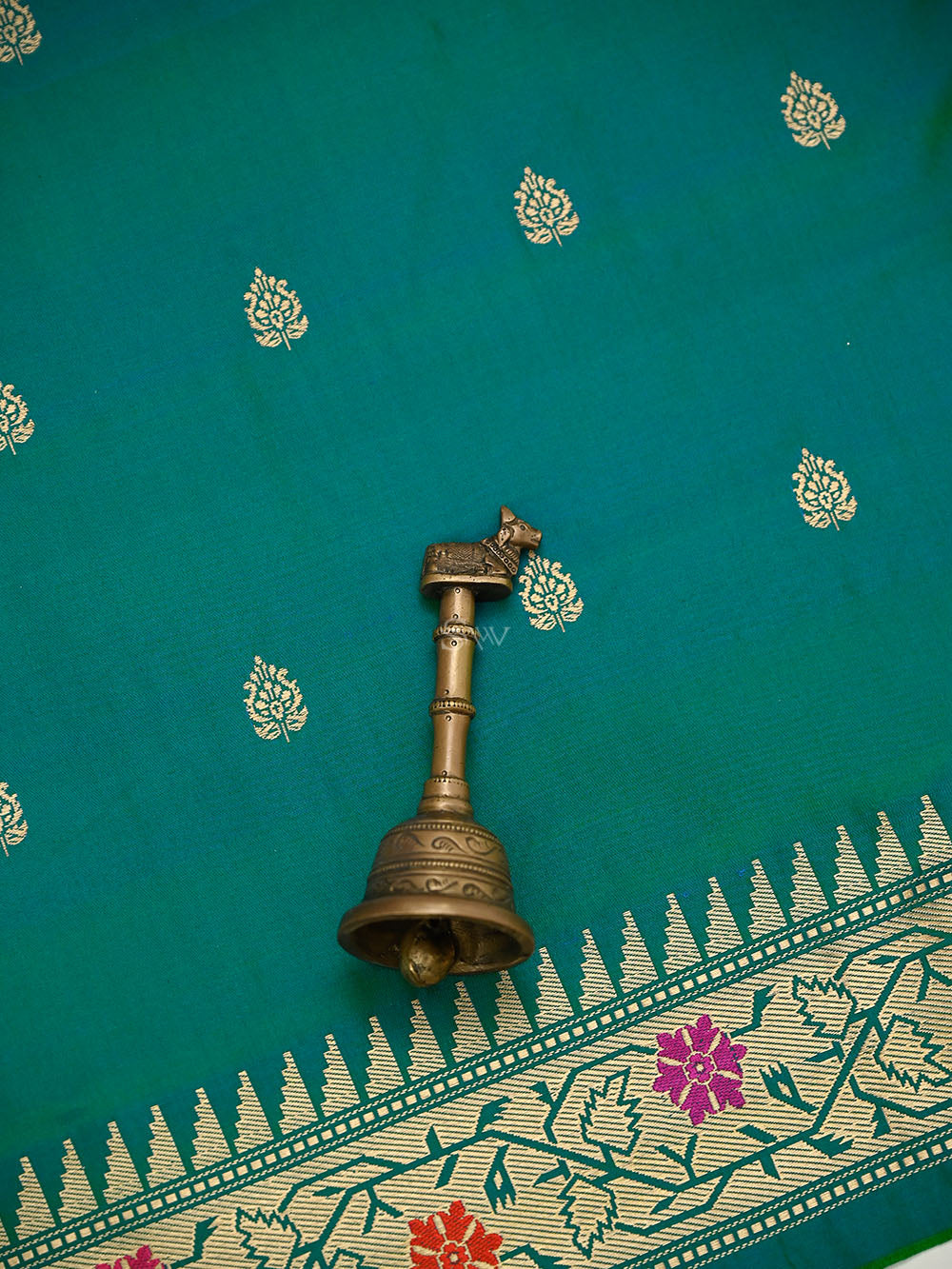 Green Blue Booti Katan Silk Handloom Banarasi Suit - Sacred Weaves