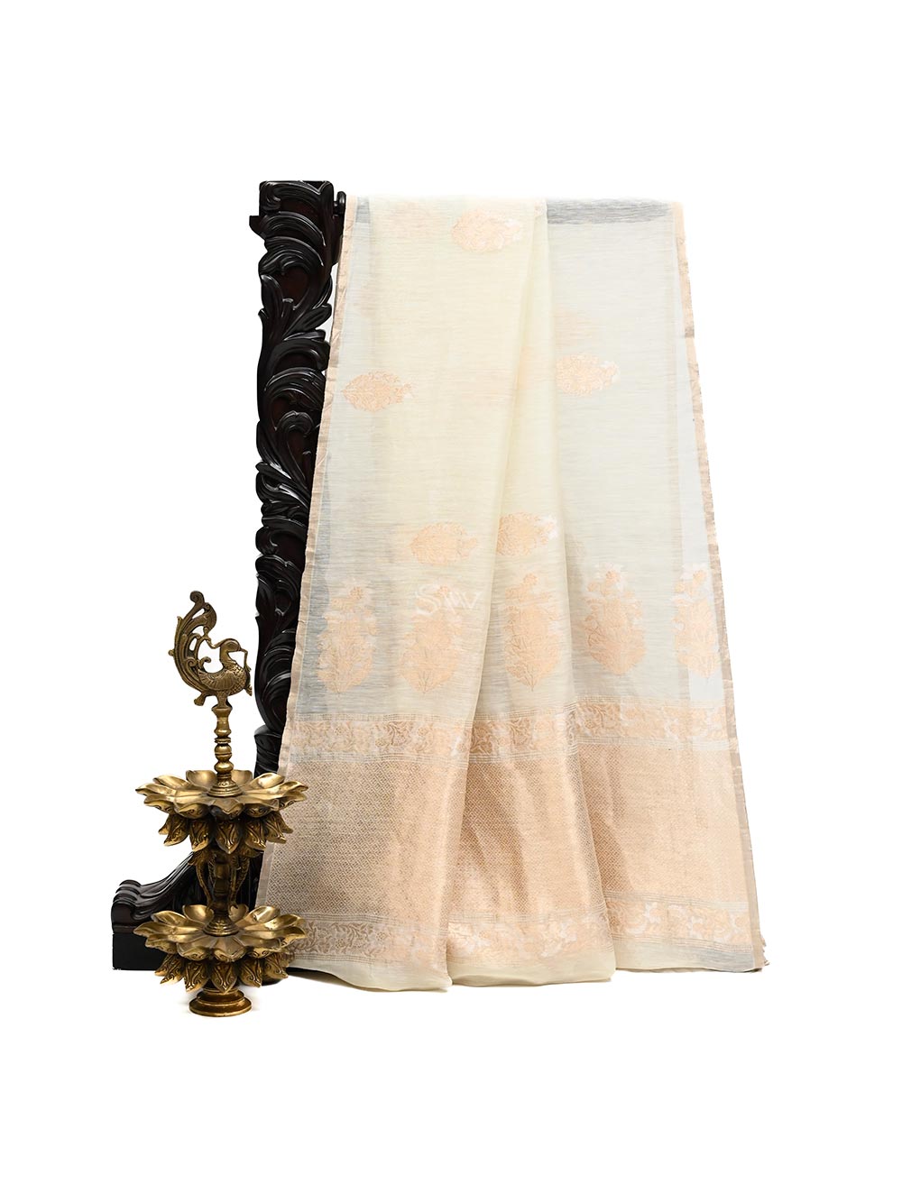 Off White Boota Linen Handloom Banarasi Saree - Sacred Weaves