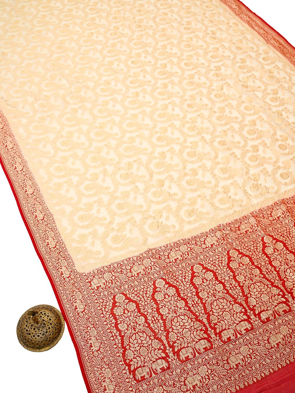 Cream Shikargah Jaal Khaddi Georgette Handloom Banarasi Saree - Sacred Weaves