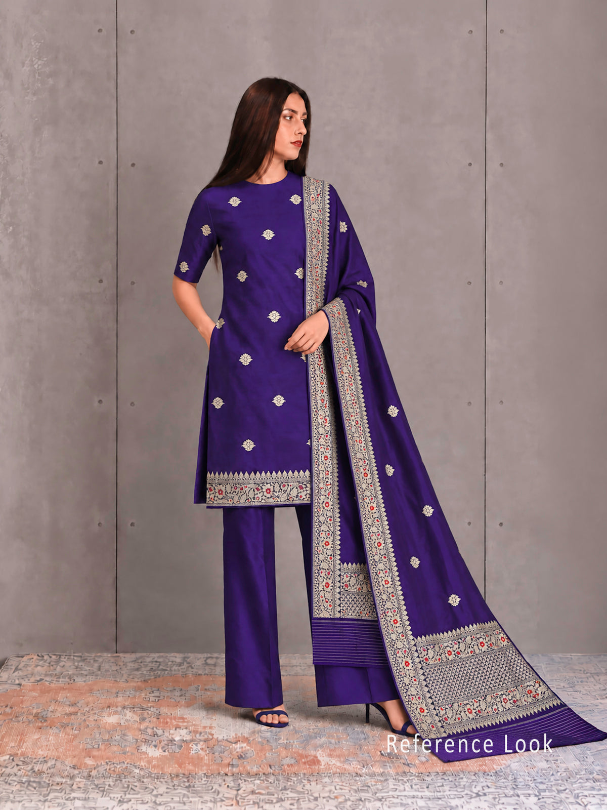 Dark Purple Floral Booti Katan Silk Handloom Banarasi Suit - Sacred Weaves