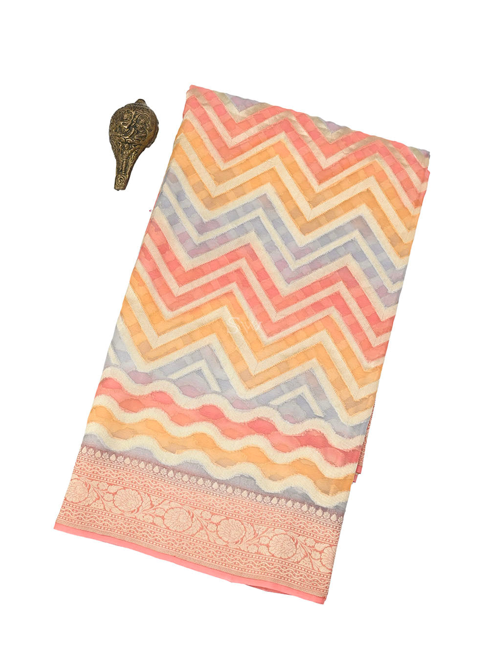 Peach Grey Rangkat Khaddi Georgette Handloom Banarasi Saree