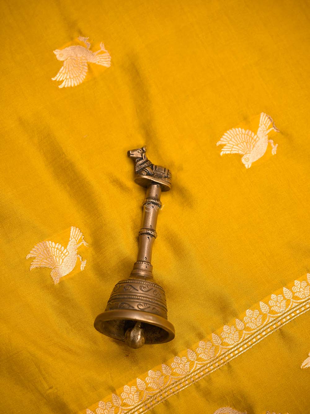 Yellow Shikargah Katan Silk Handloom Banarasi Dupatta - Sacred Weaves