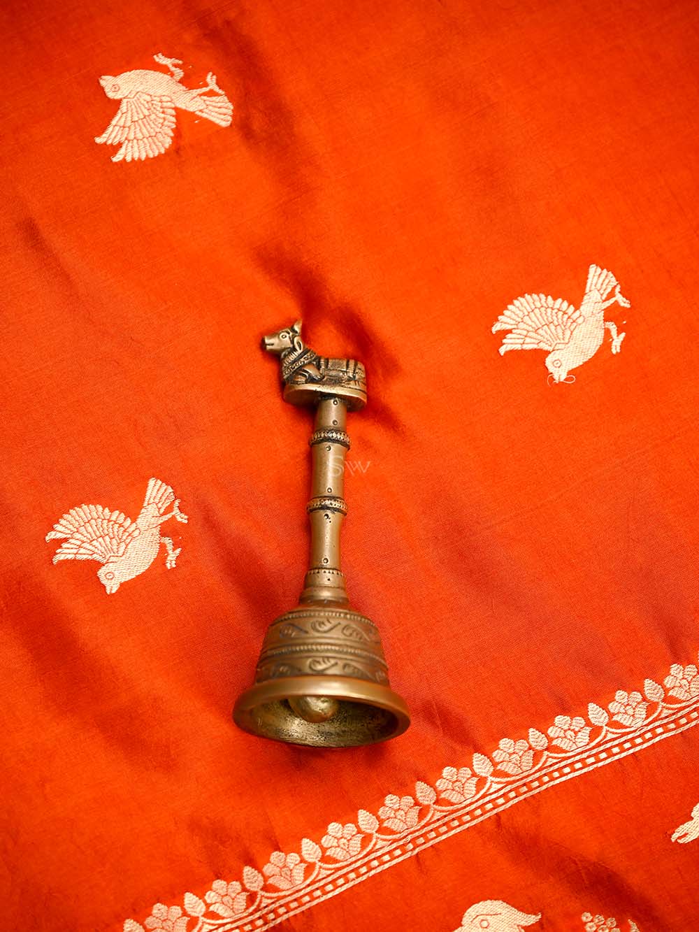 Orange Shikargah Katan Silk Handloom Banarasi Dupatta - Sacred Weaves