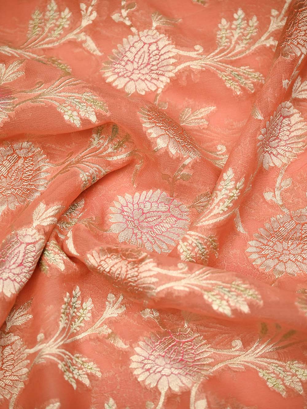 Pastel Peach Rangkat Jaal Khaddi Georgette Handloom Banarasi Saree - Sacred Weaves