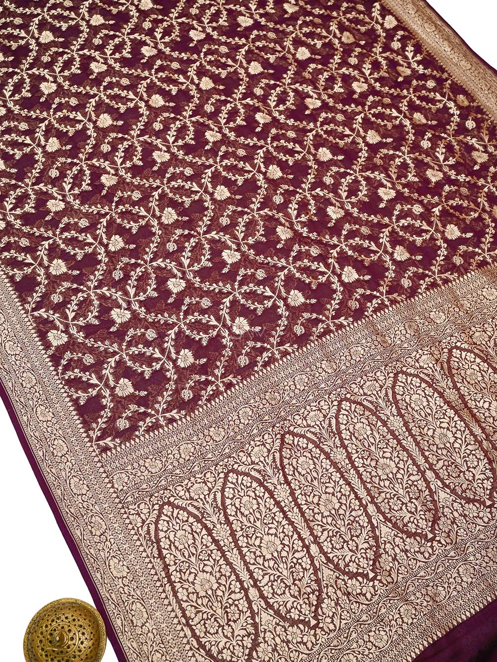 Wine Jaal Khaddi Georgette Handloom Banarasi Saree - Sacred Weaves