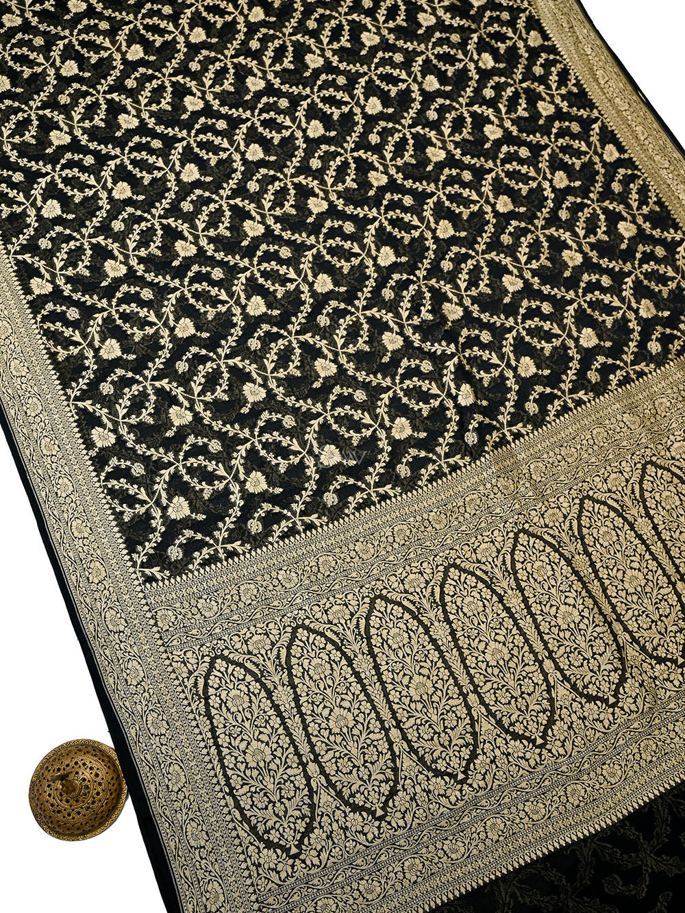 Black Zari Jaal Khaddi Georgette Handloom Banarasi Saree - Sacred Weaves