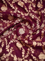 Wine Jaal Khaddi Georgette Handloom Banarasi Saree - Sacred Weaves