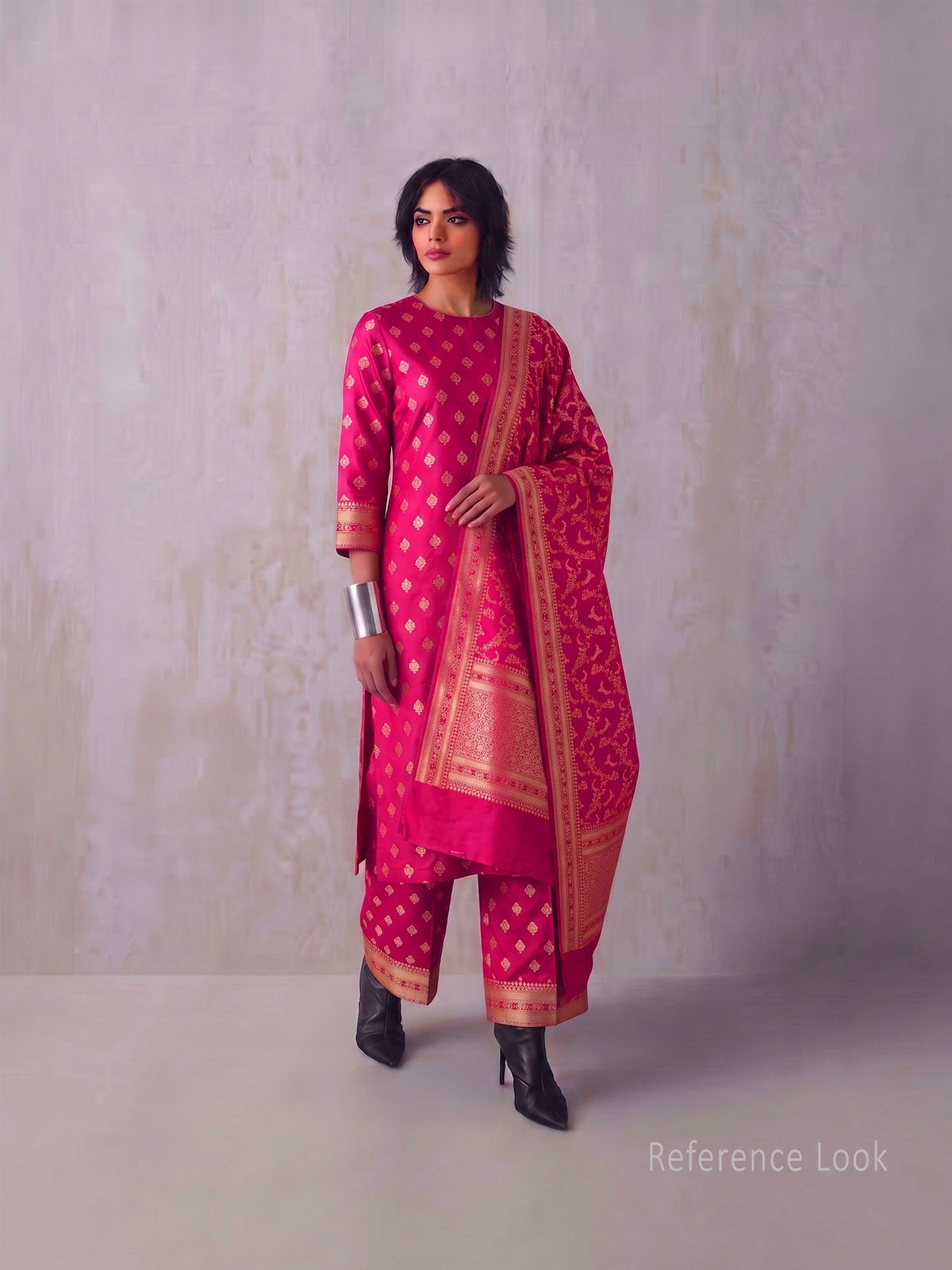 Dark Pink Meenakari Booti Katan Silk Handloom Banarasi Suit - Sacred Weaves