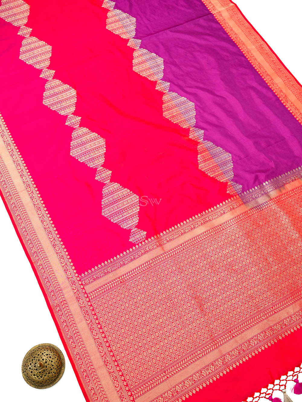 Pink Orange Katan Silk Handloom Banarasi Dupatta - Sacred Weaves
