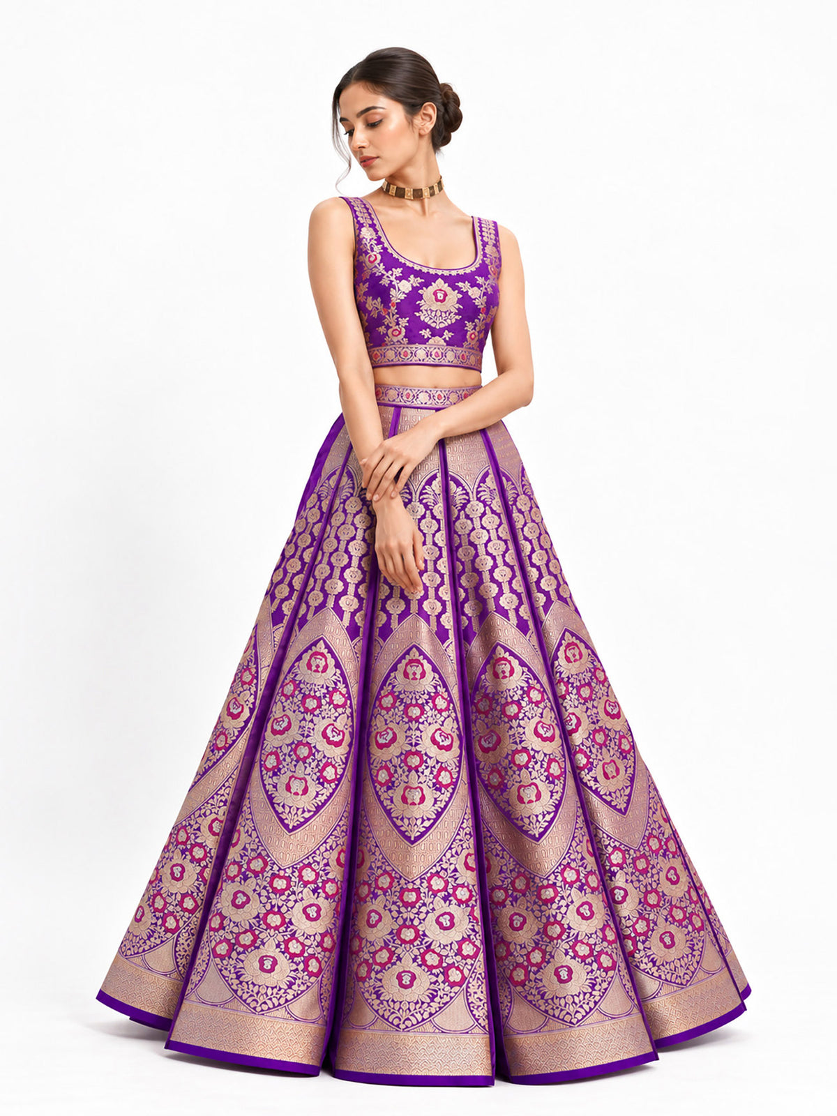 Purple Meenakari Satin Silk Handloom Banarasi Lehenga - Sacred Weaves