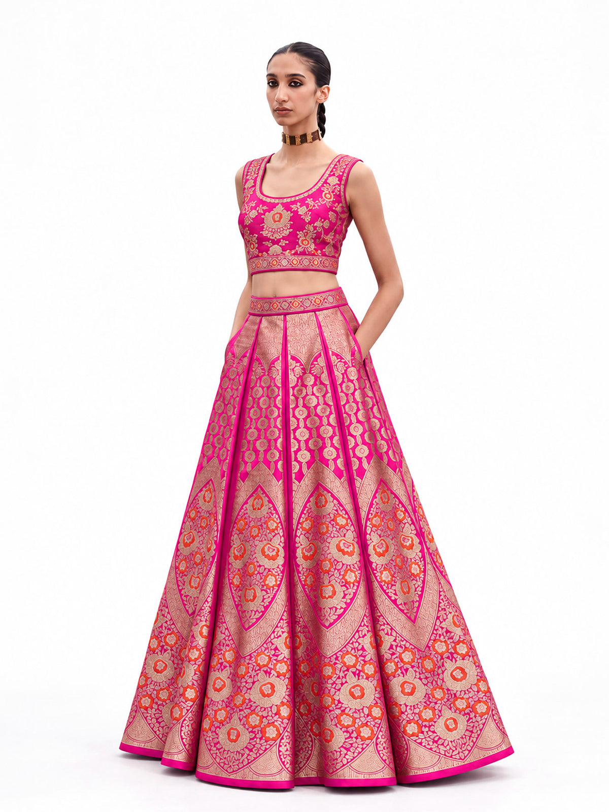 Magenta Meenakari Satin Silk Handloom Banarasi Lehenga - Sacred Weaves