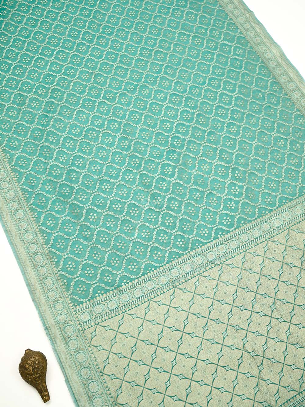 Aqua Blue Zari Cotton Saree - Sacred Weaves