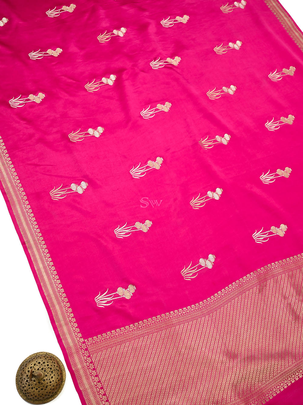 Dark Pink Sona Roopa Zari Boota Satin Silk Handloom Banarasi Saree - Sacred Weaves