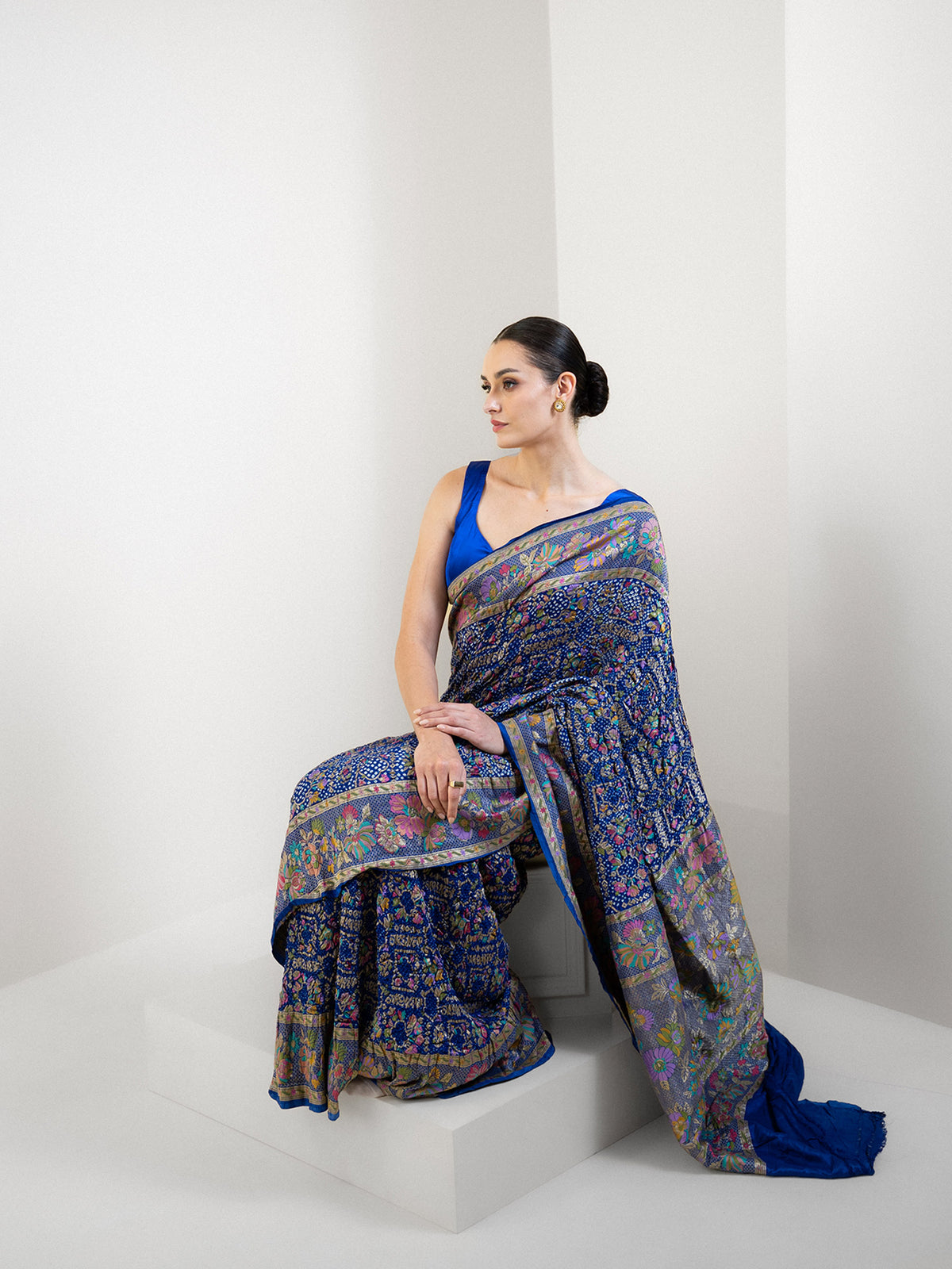 Midnight Blue Meenakari Bandhani Silk Handloom Banarasi Saree - Sacred Weaves
