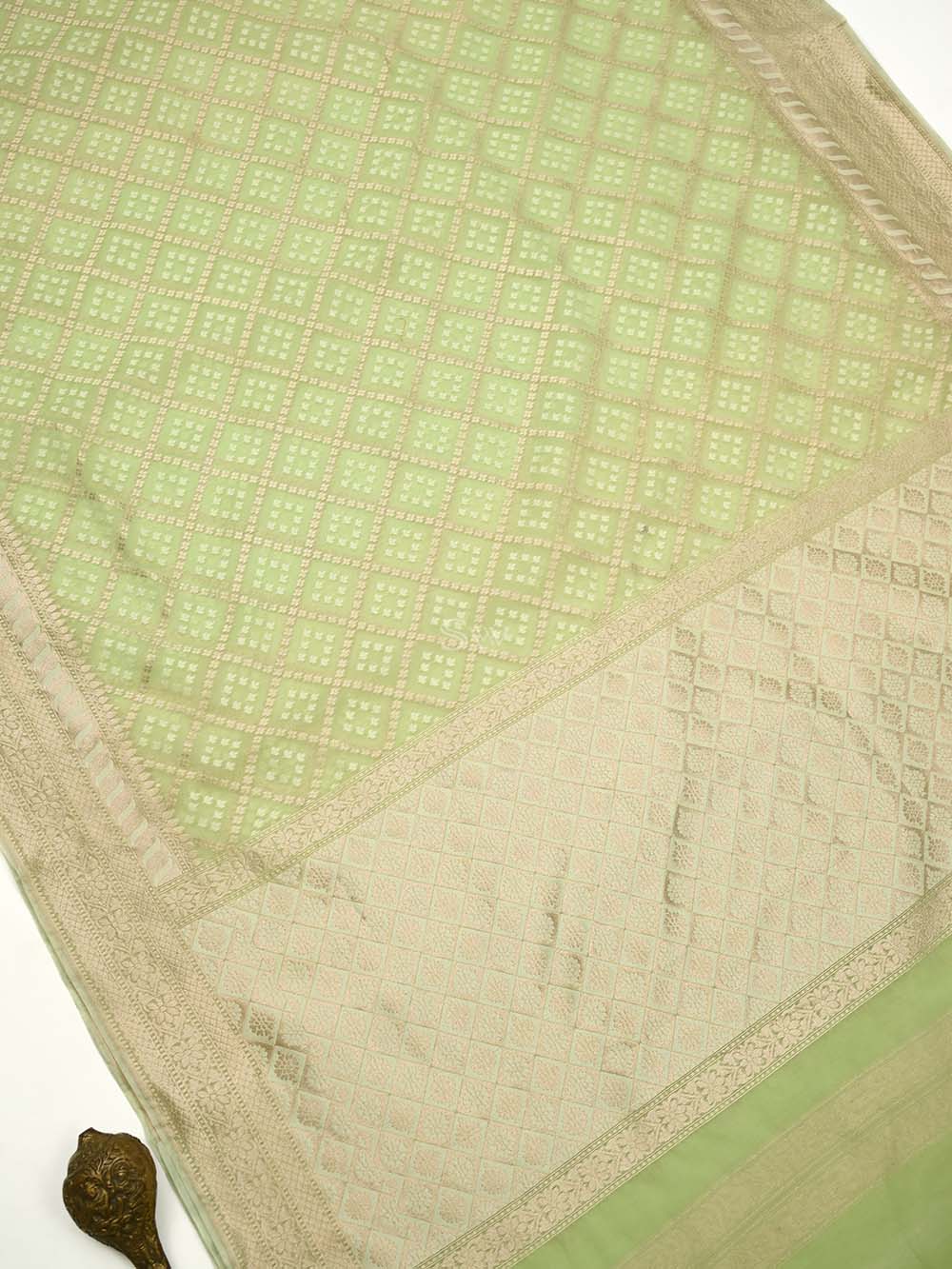 Sea Green Zari Cotton Saree - Sacred Weaves