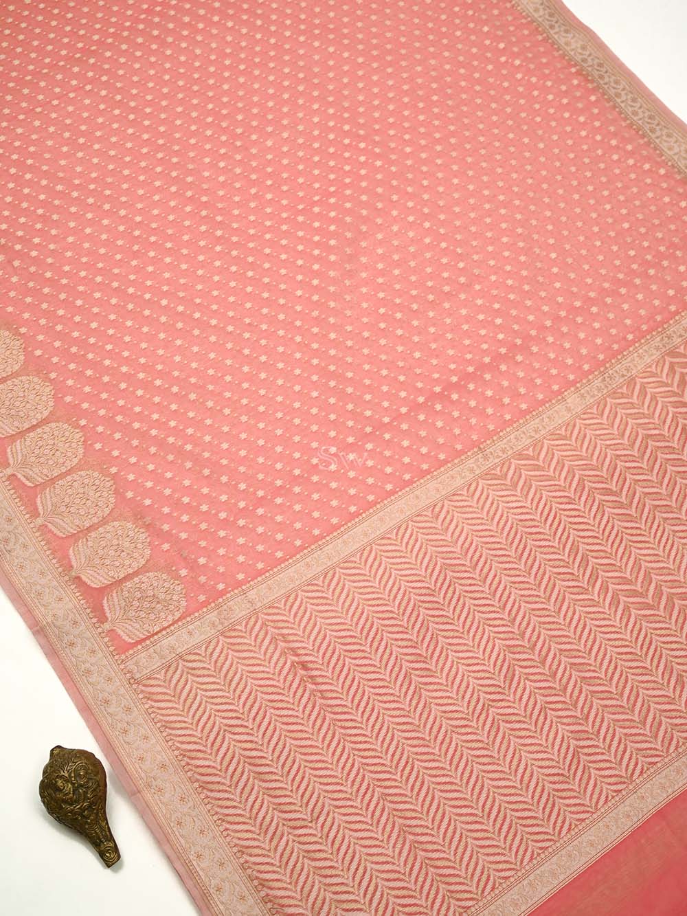 Pastel Peach Zari Cotton Saree - Sacred Weaves