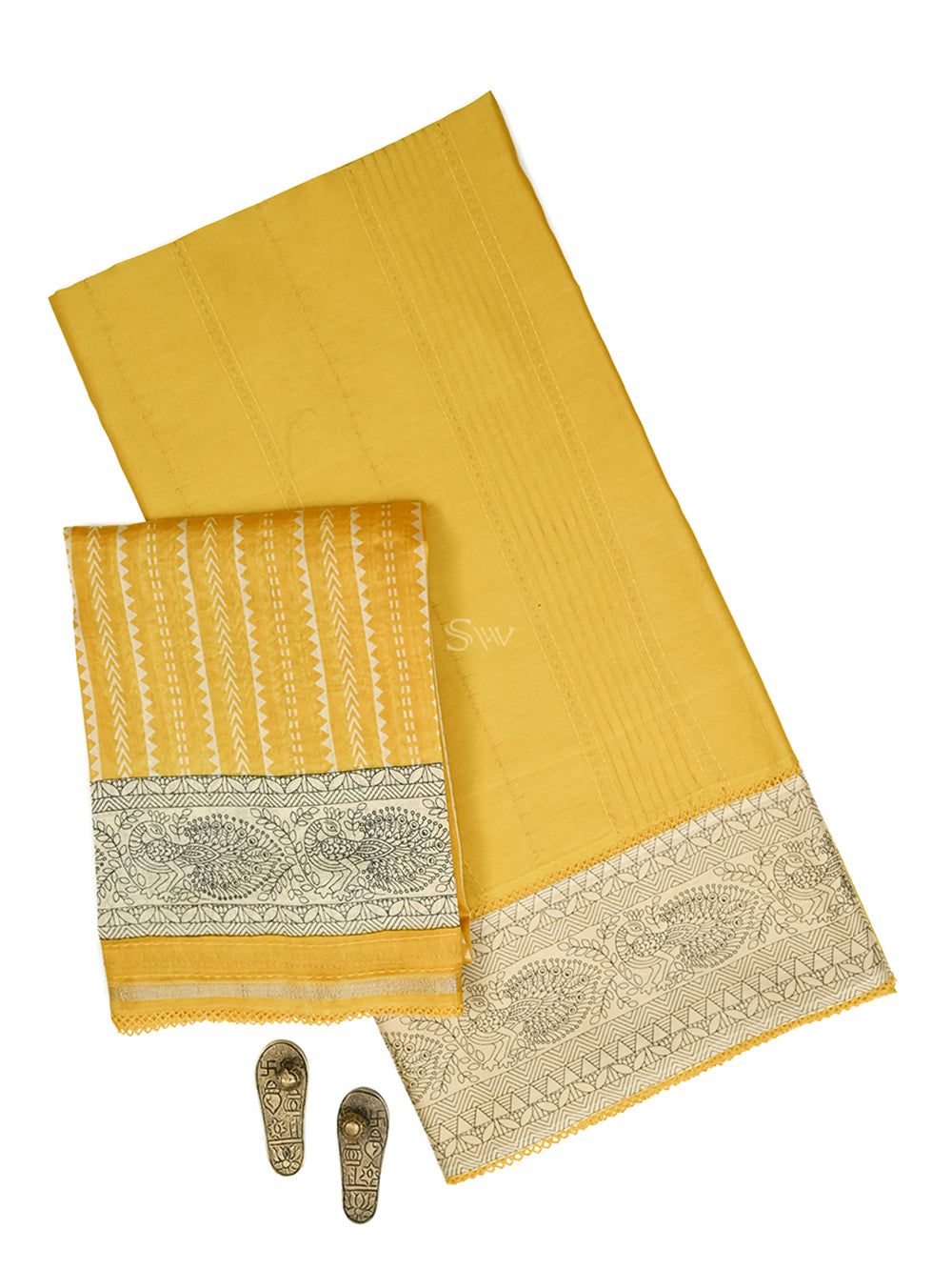 Yellow Printed Chanderi Silk Handloom Banarasi Suit - Sacred Weaves