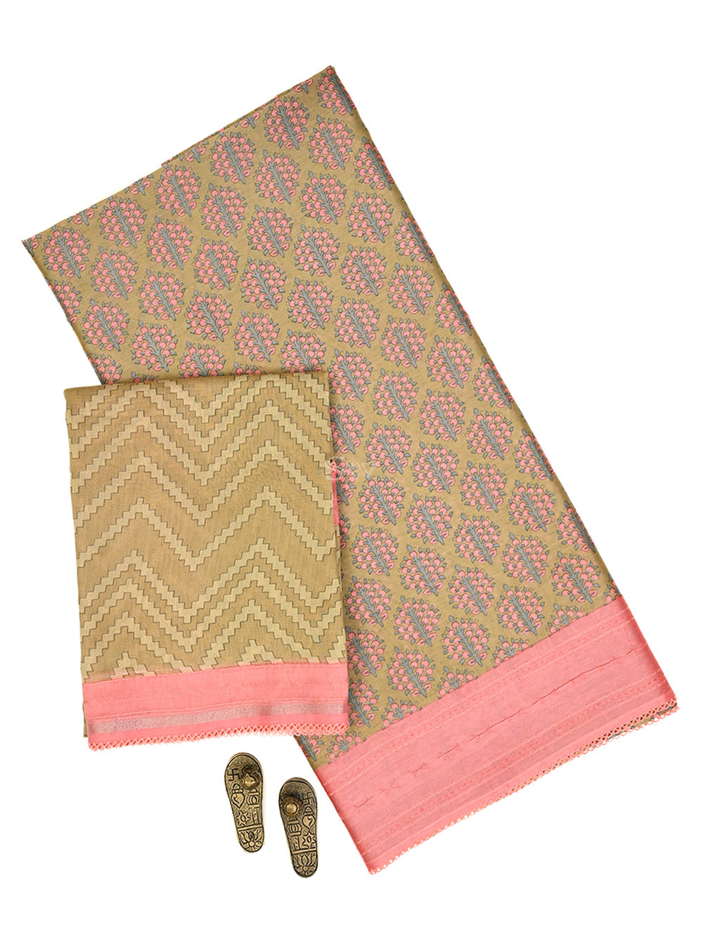 Dark Beige Printed Chanderi Silk Handloom Banarasi Suit - Sacred Weaves