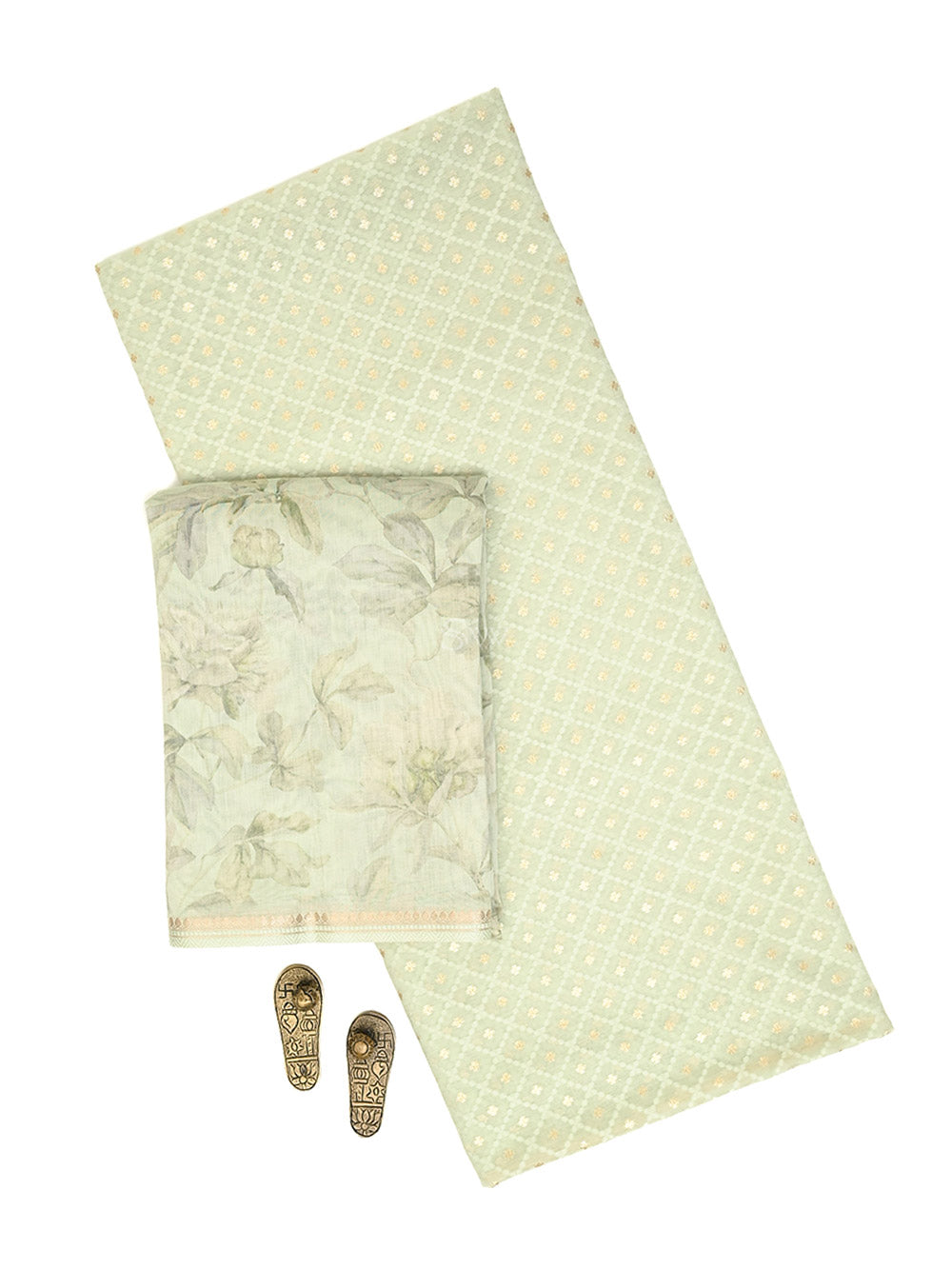 Mint Green Booti Cotton Silk Handloom Banarasi Suit - Sacred Weaves