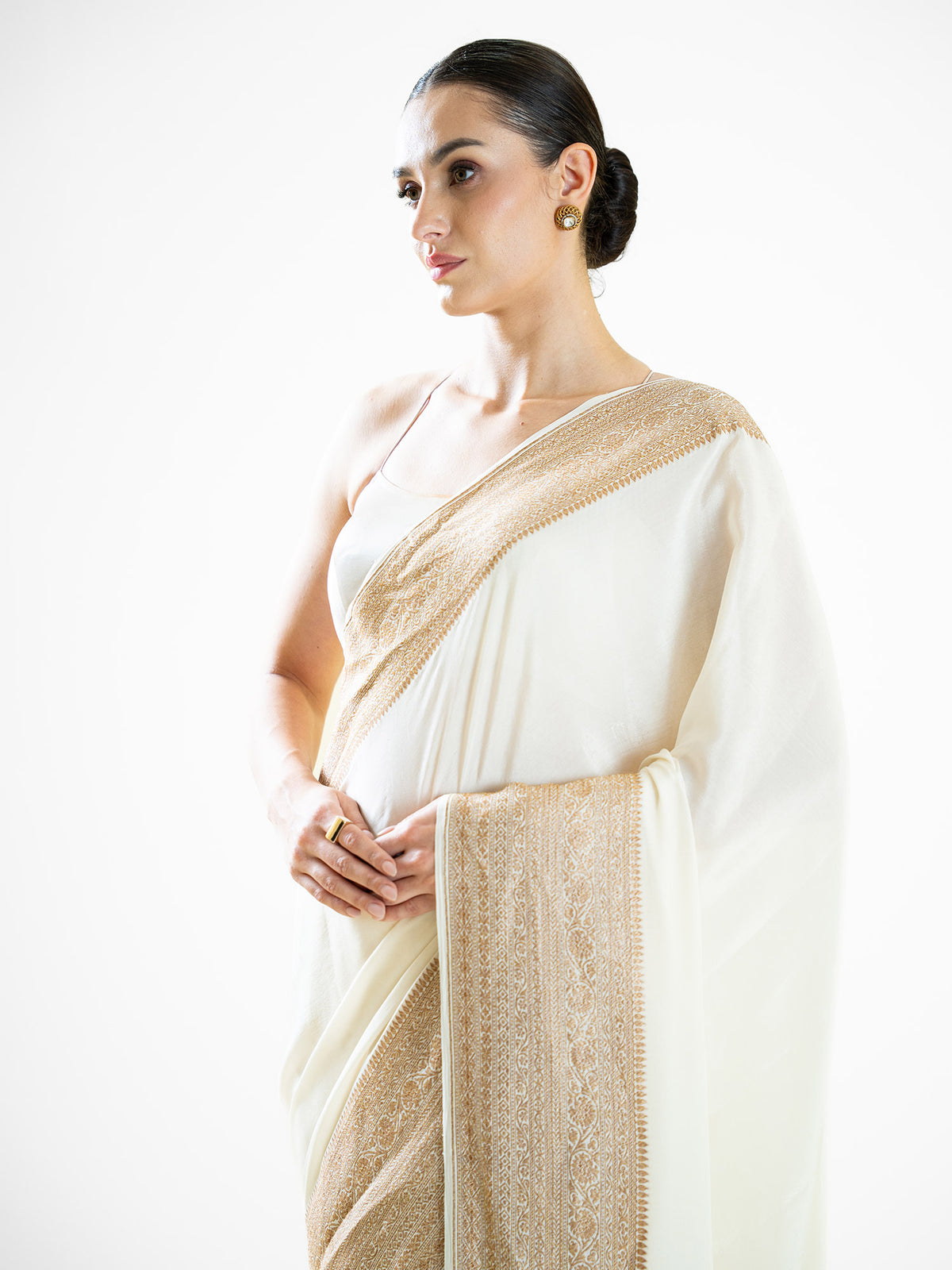 Off White Plain Crepe Silk Handloom Banarasi Saree - Sacred Weaves