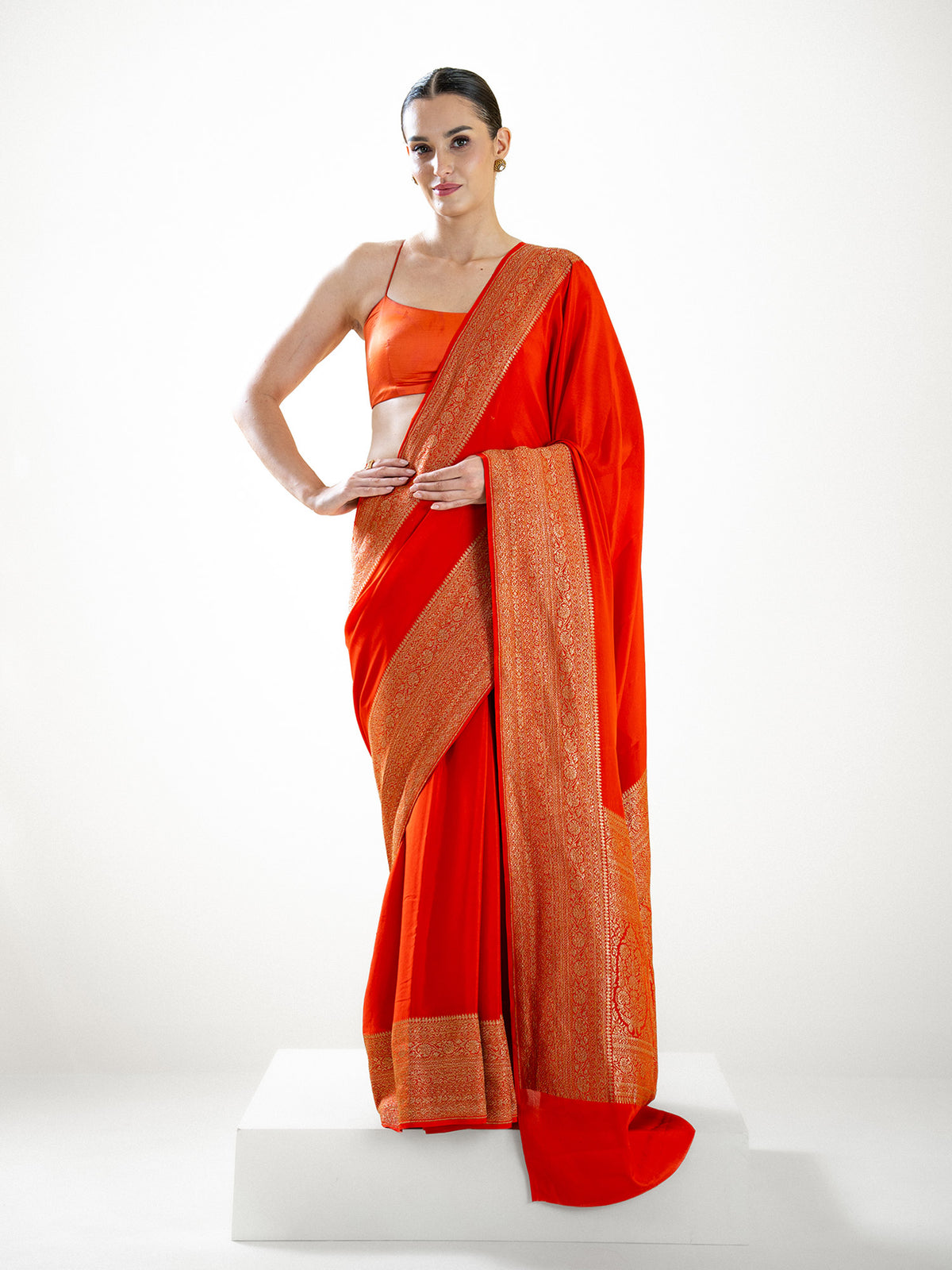 Orange Plain Crepe Silk Handloom Banarasi Saree - Sacred Weaves