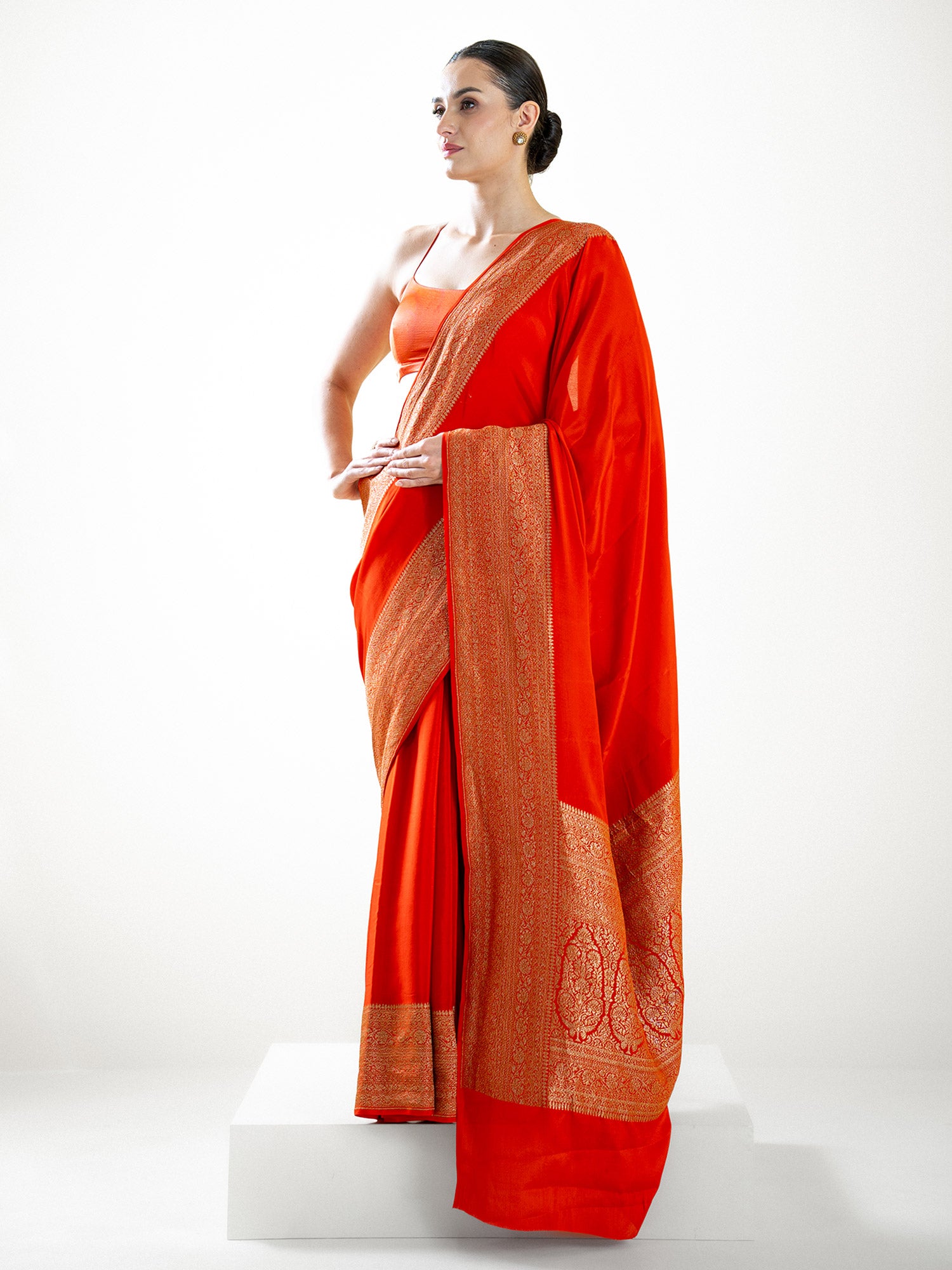 Orange Plain Crepe Silk Handloom Banarasi Saree - Sacred Weaves