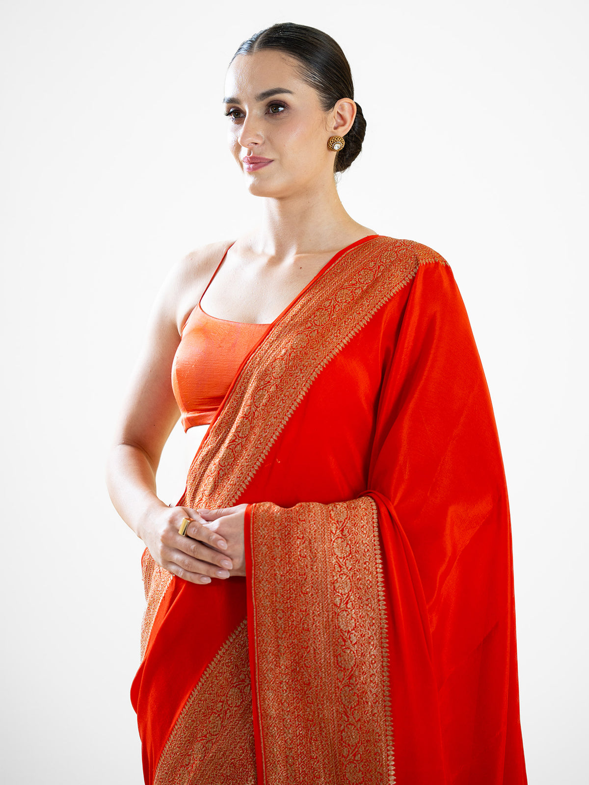Orange Plain Crepe Silk Handloom Banarasi Saree - Sacred Weaves