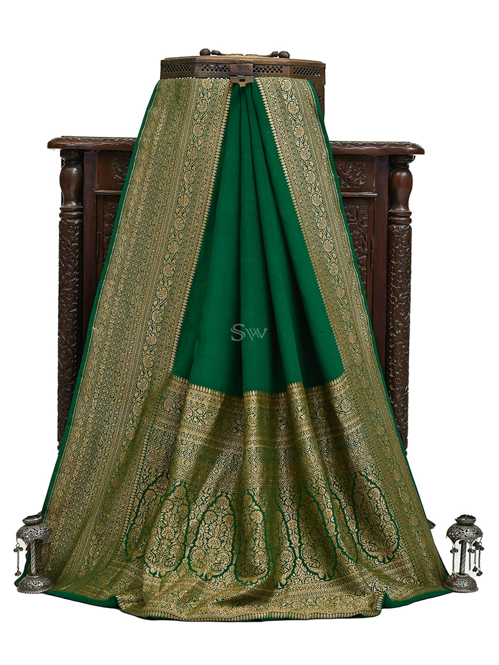 Bottle Green Plain Crepe Silk Handloom Banarasi Saree - Sacred Weaves