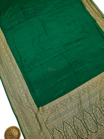 Bottle Green Plain Crepe Silk Handloom Banarasi Saree - Sacred Weaves