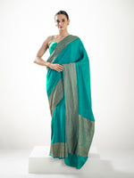 Teal Green Plain Crepe Silk Handloom Banarasi Saree - Sacred Weaves