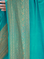 Teal Green Plain Crepe Silk Handloom Banarasi Saree - Sacred Weaves