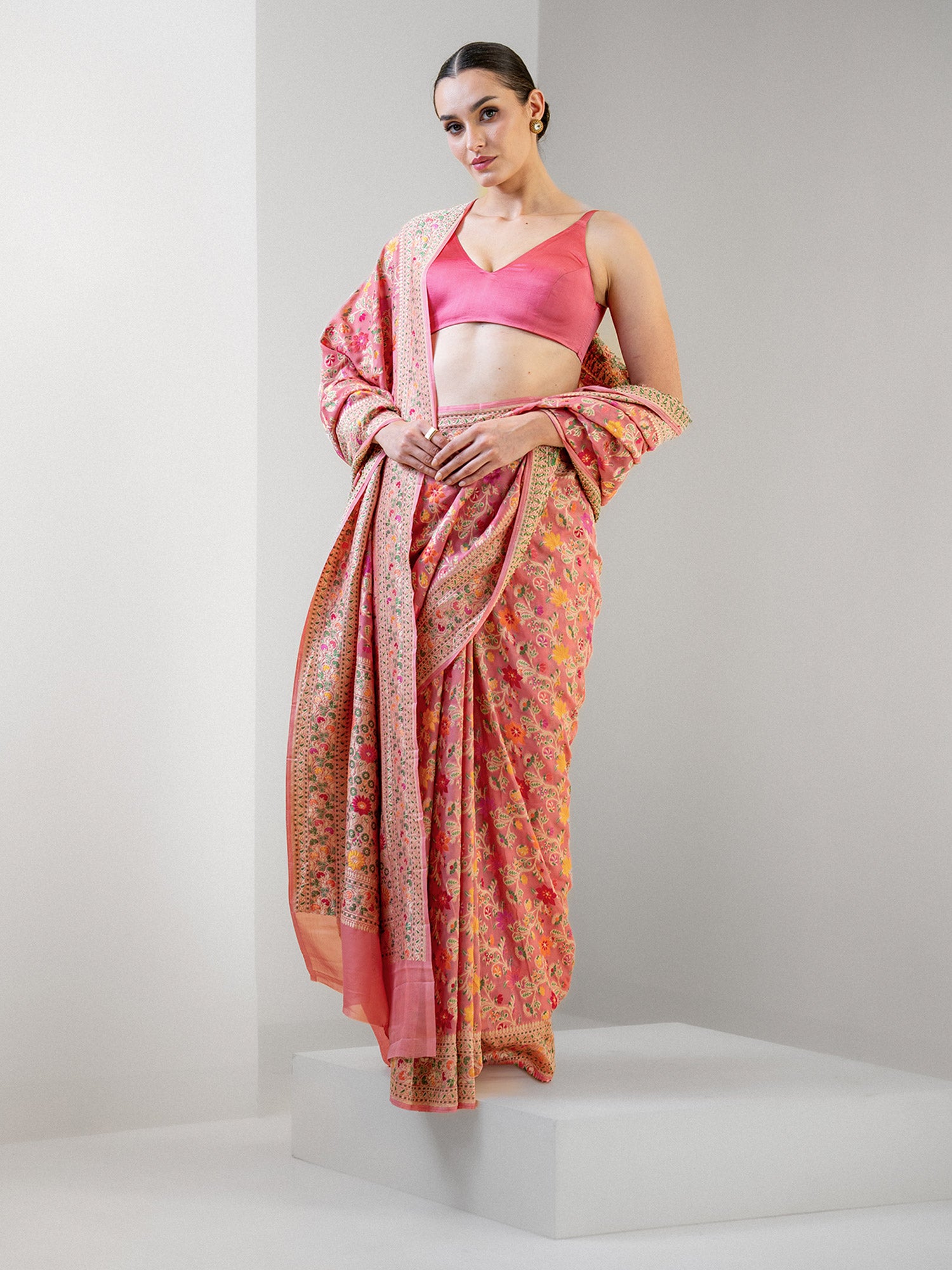 Pastel Peach Meenakari Jaal Khaddi Georgette Handloom Banarasi Saree - Sacred Weaves