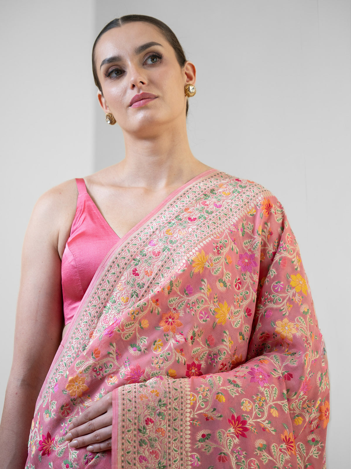 Pastel Peach Meenakari Jaal Khaddi Georgette Handloom Banarasi Saree - Sacred Weaves