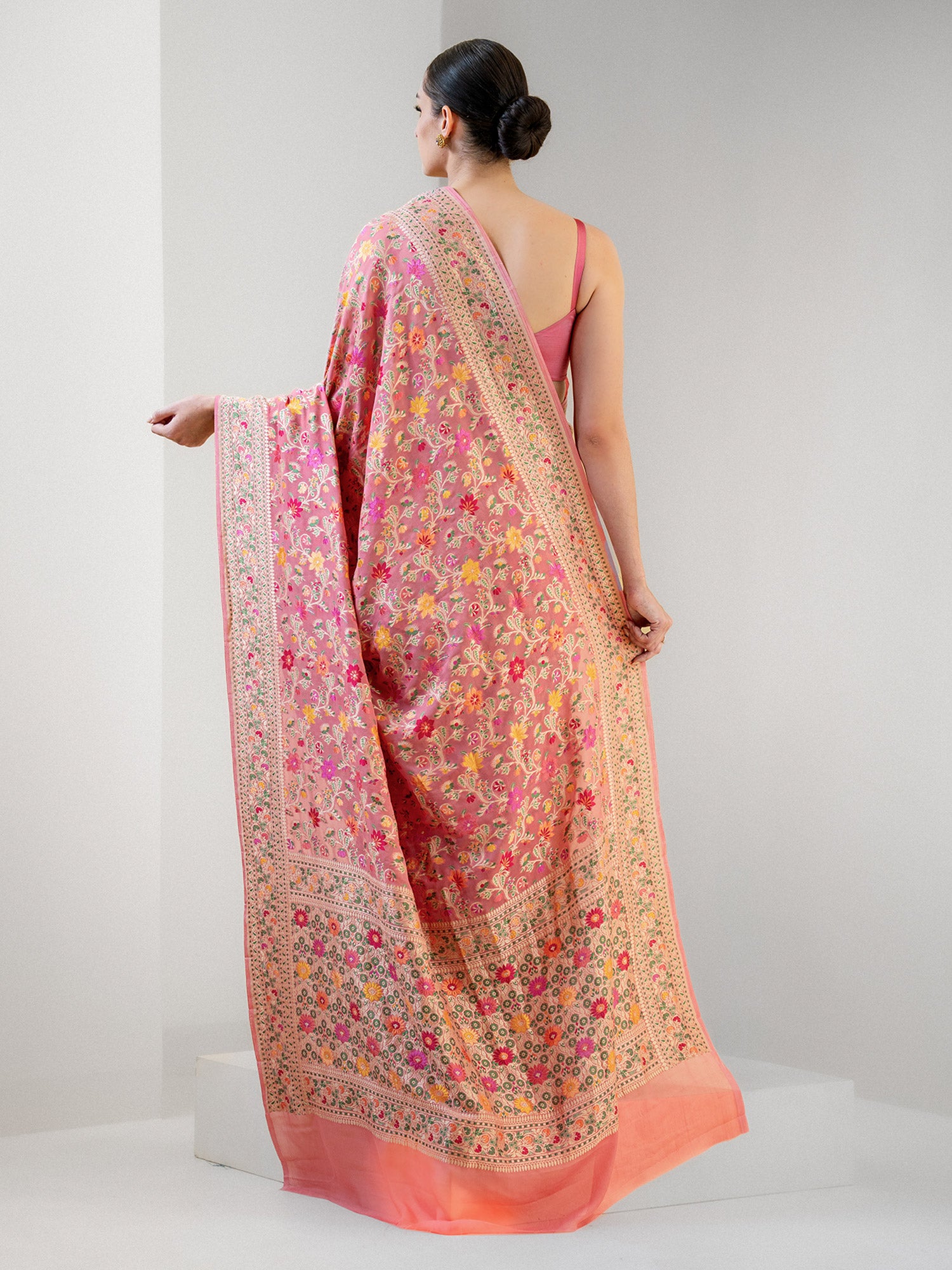 Pastel Peach Meenakari Jaal Khaddi Georgette Handloom Banarasi Saree - Sacred Weaves