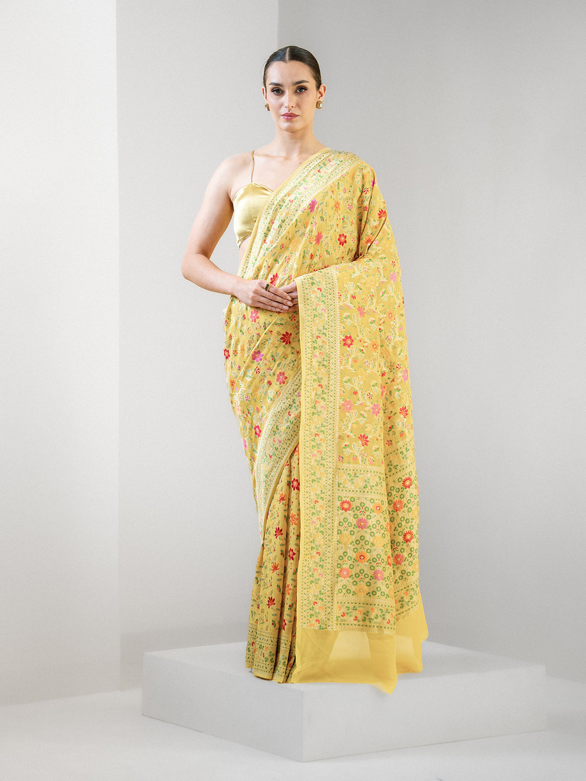 Yellow Meenakari Jaal Khaddi Georgette Handloom Banarasi Saree - Sacred Weaves